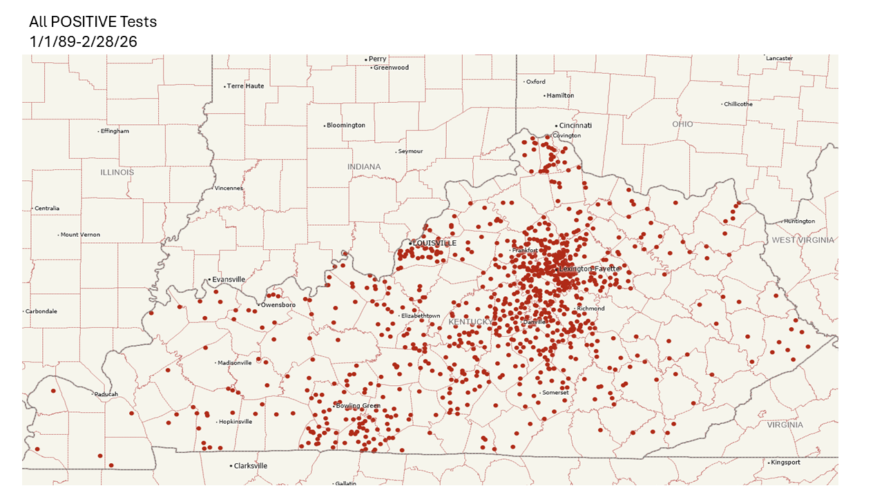 Map of Kentucky Positive Rabies since 1989