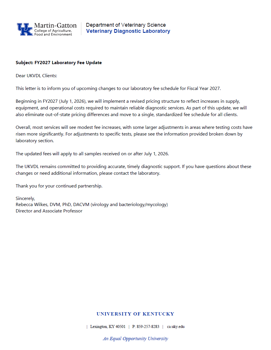 Letter from UKVDL Director explaining price increases