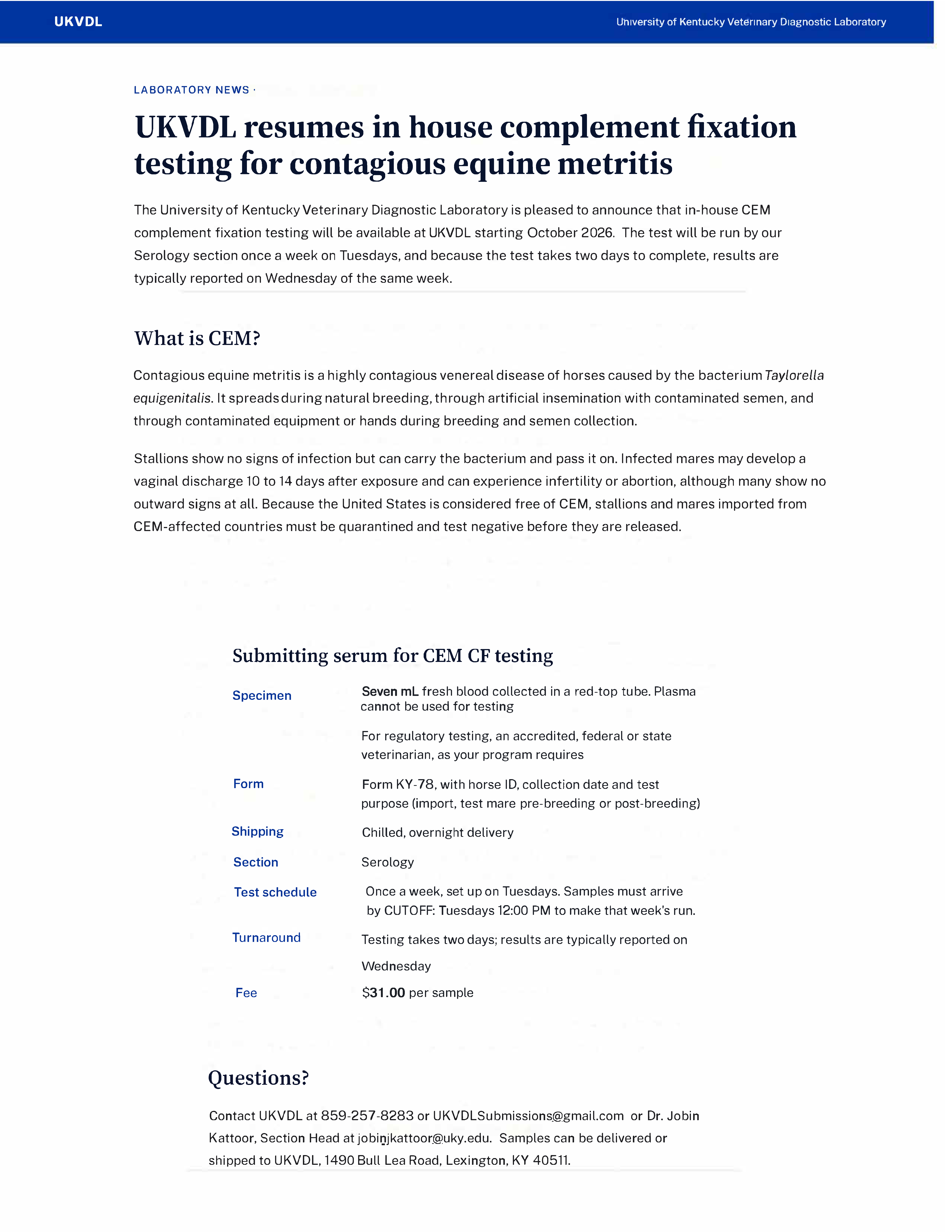 VDL to resume testing for contagious equine metritis
